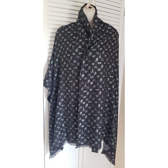 NWT KARL LAGERFELD PARIS LOGO ALL OVER PRINT BLACK METALLIC SILVER SCARF WRAP - Picture 1 of 6
